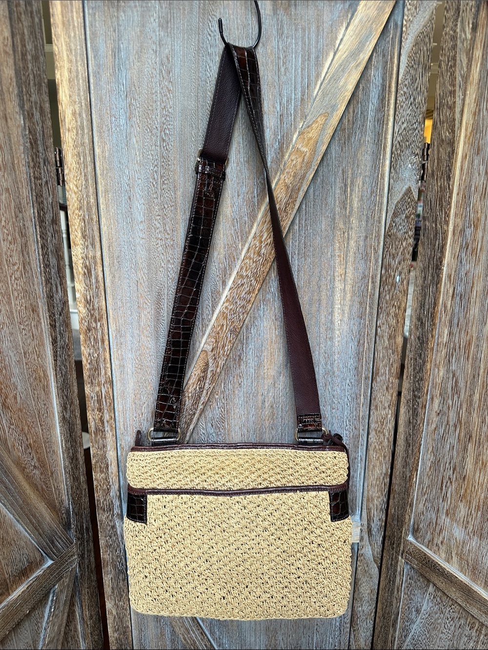 Brighton Woven Straw & Faux Crocodile Leather Crossbody Bag Purse - Picture 2 of 15